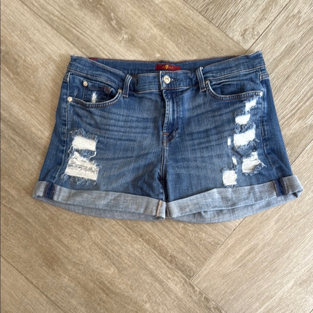 7 For All Mankind Blue Distressed Jean Shorts